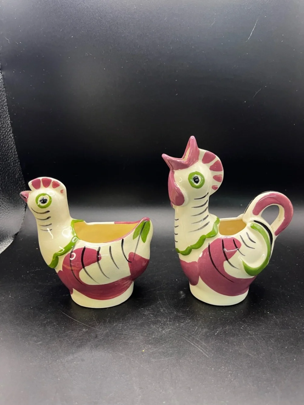 Vintage California Cleminsons Chicken Creamer Sugar Bowl Set Rooster Hen Pottery